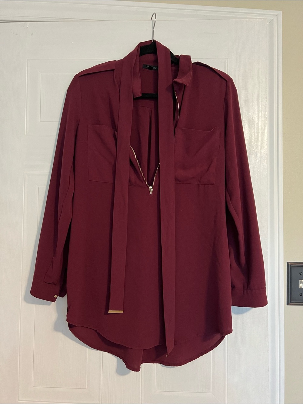 Dynamite Burgundy Tie-Neck Blouse with Zip Placket